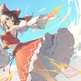 Konachan.com---381375-aa-aster-bow-brown_eyes-brown_hair-clouds-fire-hakurei_reimu-japanese_clothes-magic-miko-navel-ofuda-sarashi-skirt-skirt_lift-sky-touhou-underwear