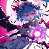 Konachan.com---381814-animal-bat-blue_hair-bow-fang-hat-magic-moon-red_eyes-remilia_scarlet-shirt-short_hair-skirt-touhou-vampire-weapon-wings-wristwear-yamanakaume